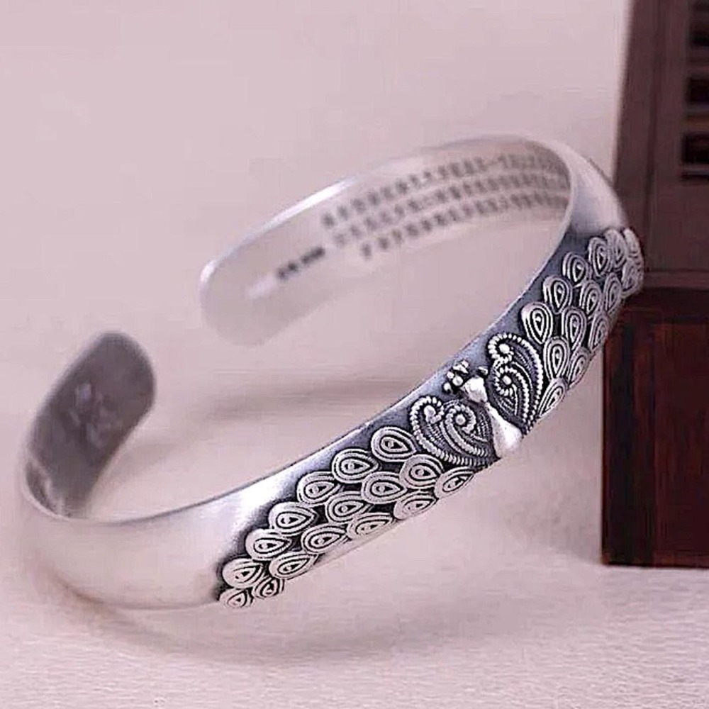 Sterling Silver Peacock Bangle Bracelet Cuff Flower 925 Stamped - Picture 2 of 3